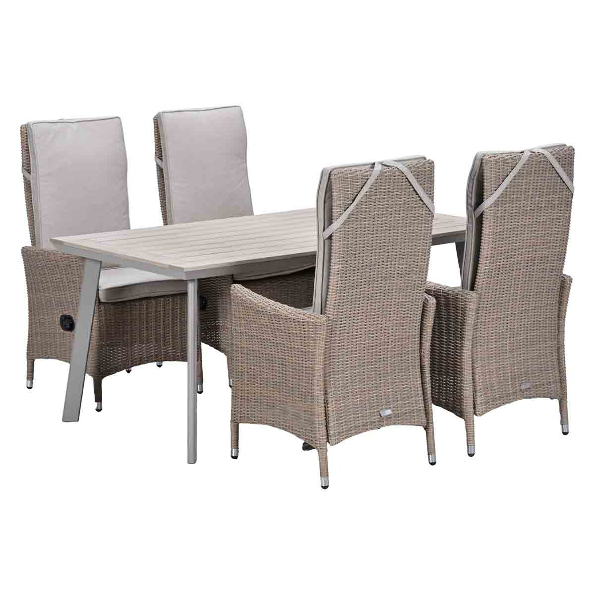 A rattan dining table with four chairs and light grey cushions.