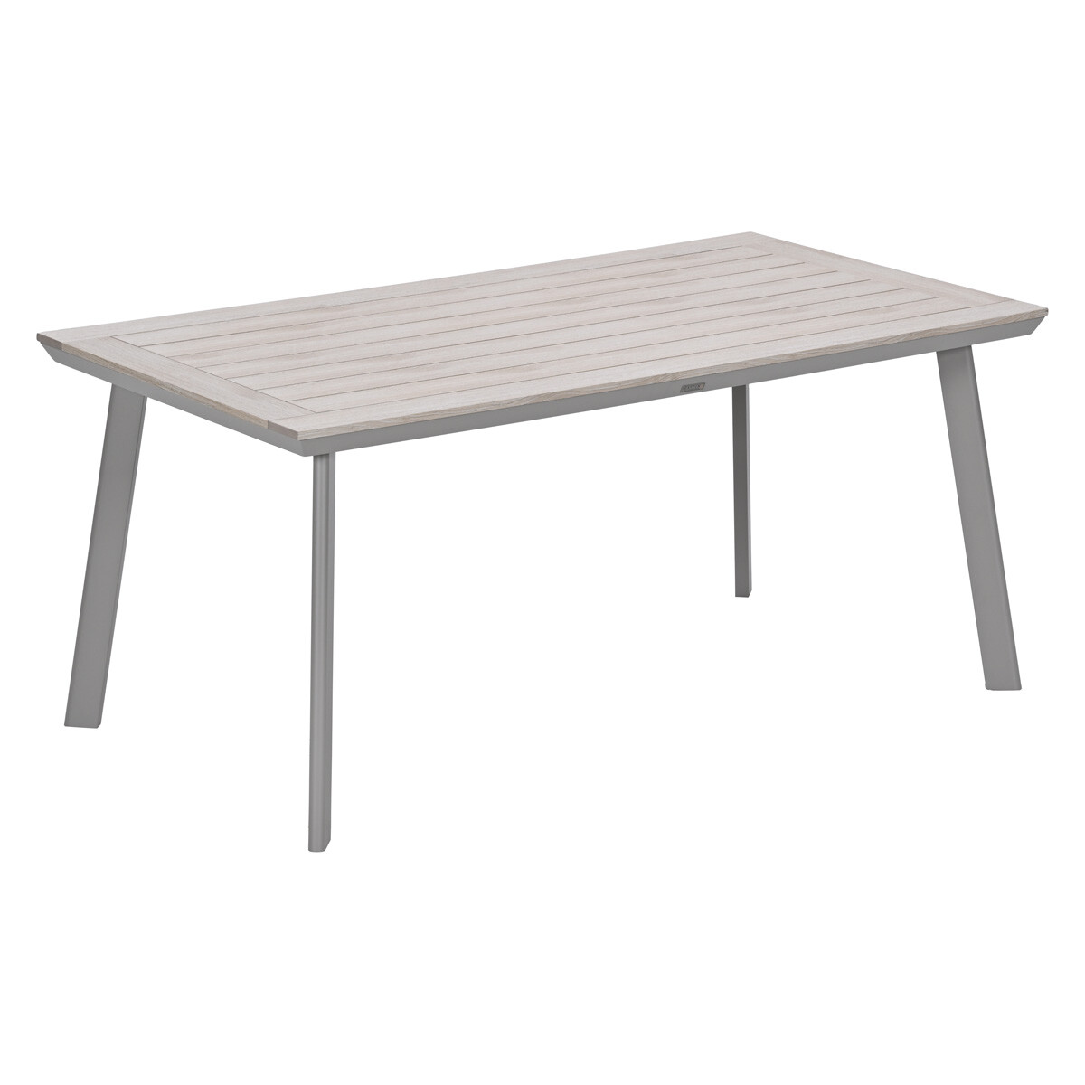 Een rechthoekige tafel met een lichtgrijs lamellenblad en zilverkleurige poten.