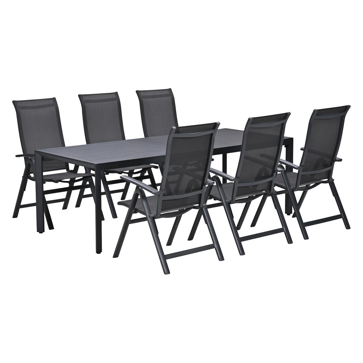 Een donkere buitentafel met zes bijpassende stoelen op witte achtergrond.