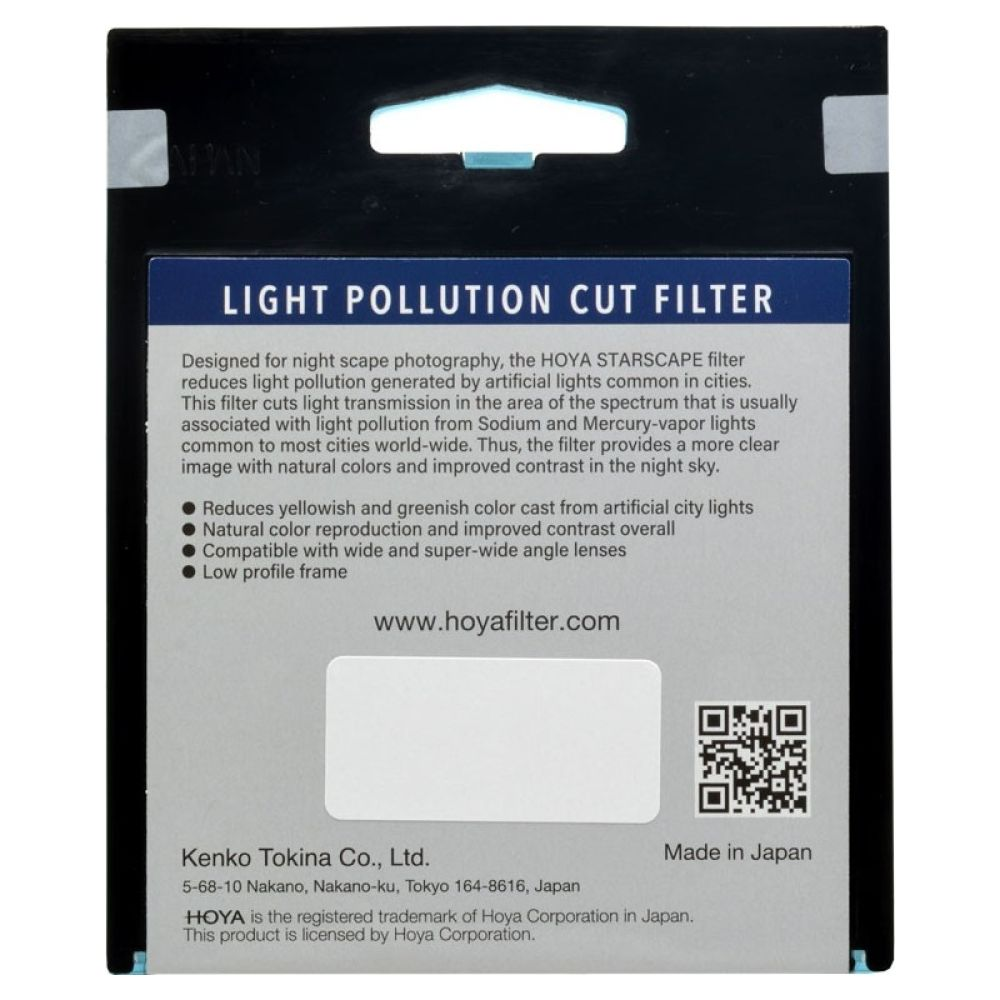 Confezione di un filtro HOYA anti-inquinamento luminoso con informazioni prodotto.