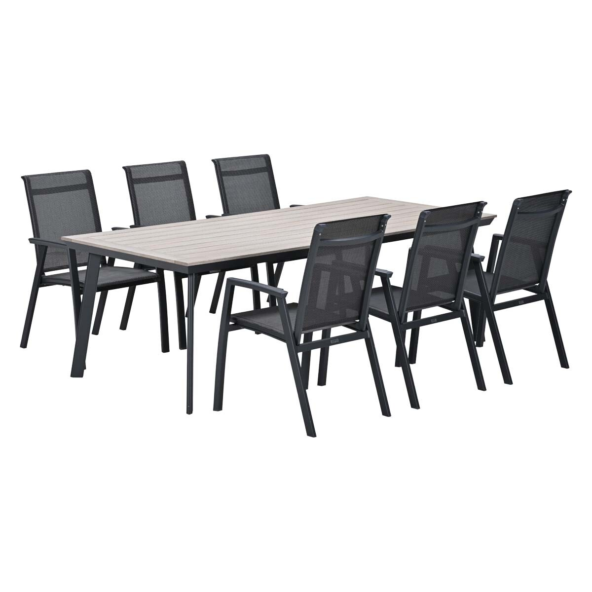 Een rechthoekige tafel met zes donkergrijze stoelen.