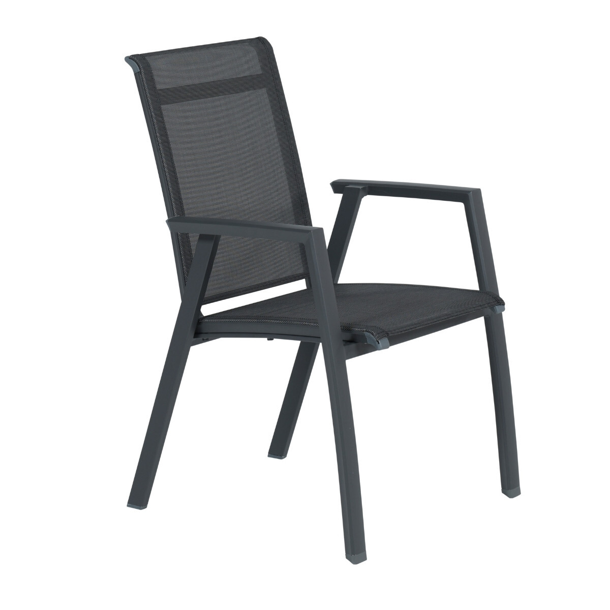Een donkere, moderne tuinstoel met armleuningen en mesh stof.