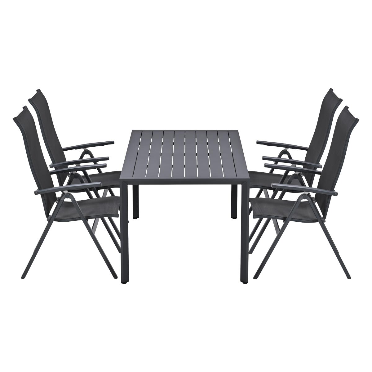 Een grijze buitentafel met vier bijpassende stoelen, alles op een witte achtergrond.