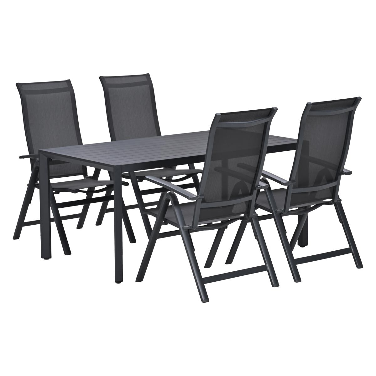 Een donkere buitentafel met vier donkergrijze stoelen.