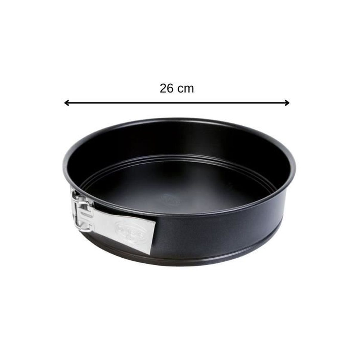 Eine schwarze runde Kuchenform mit 26 cm Durchmesser und einem silbernen Verschluss.