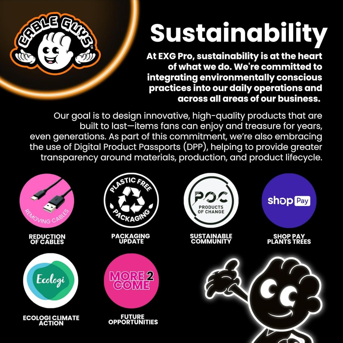 Logo, Text über Nachhaltigkeit, Icons für Kabelreduktion, plastikfreie Verpackung, POC, Shop Pay, Ecologi, More 2 Come.