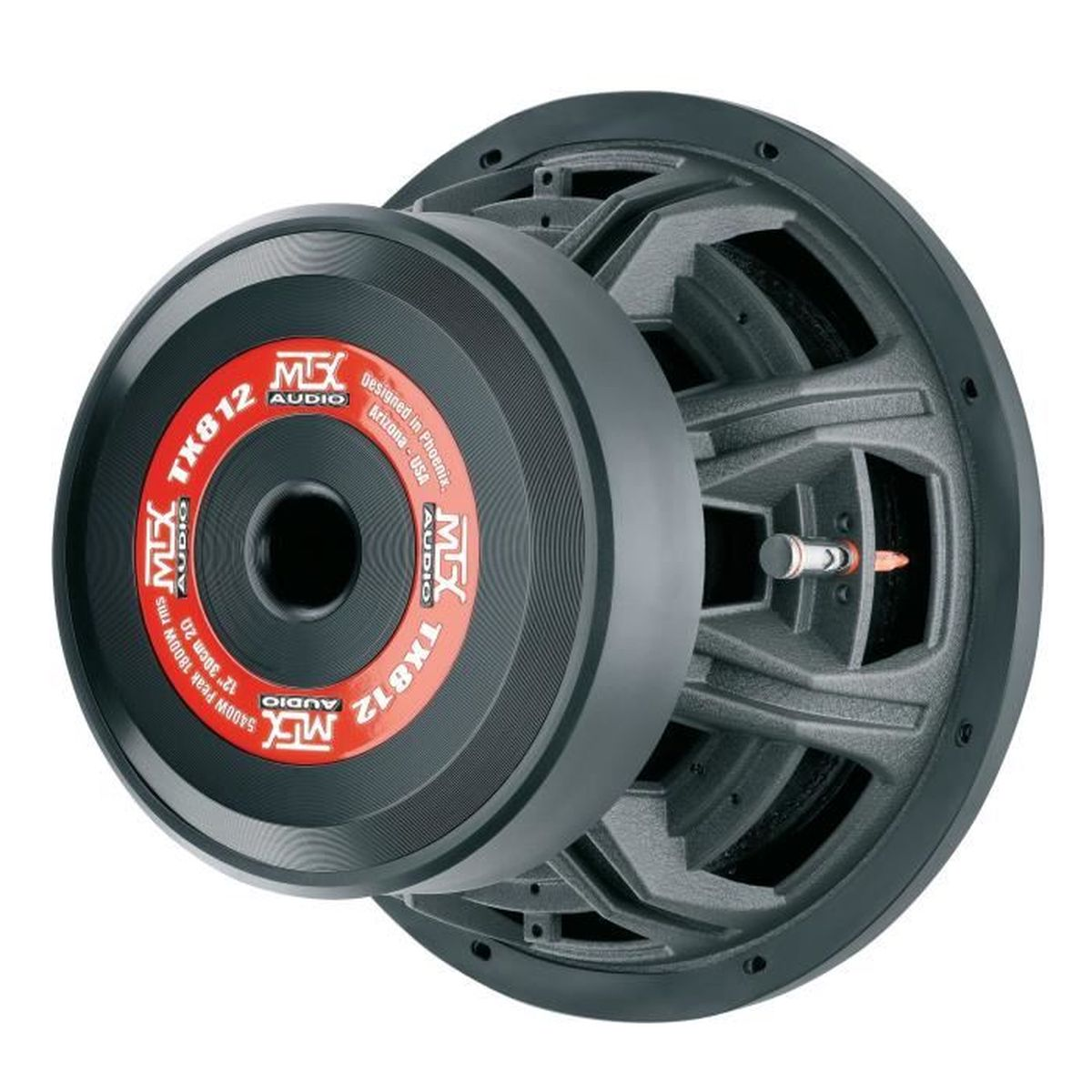 Ein schwarzer Subwoofer mit rotem und weißem Logo, Modell TX812.