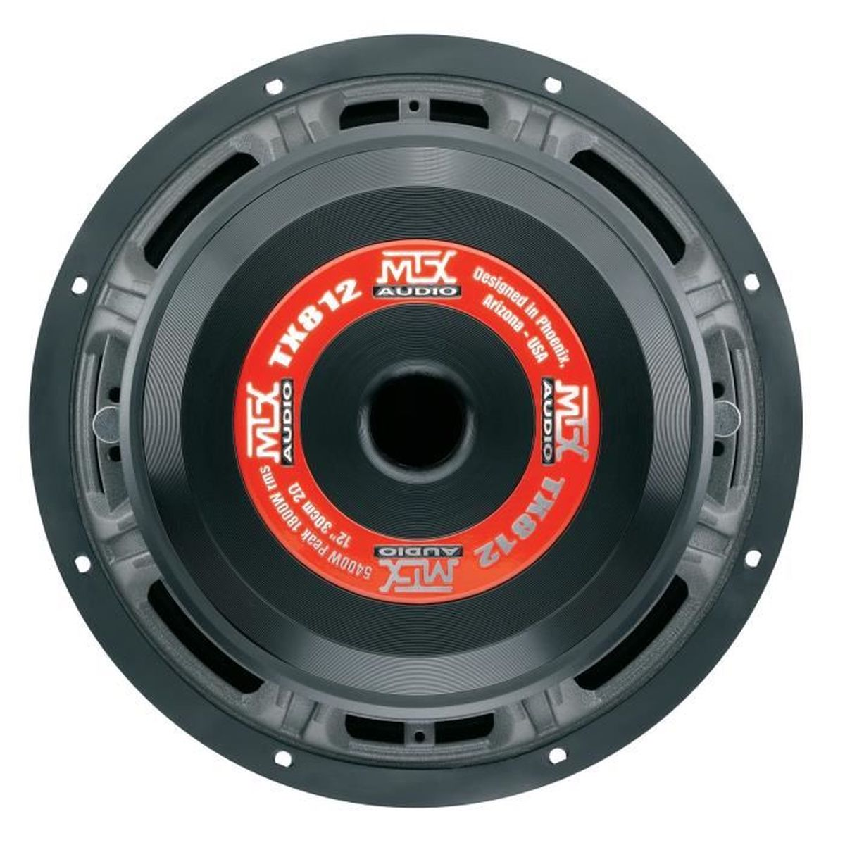 Ein runder schwarzer Subwoofer mit rotem Label und silbernen Details.