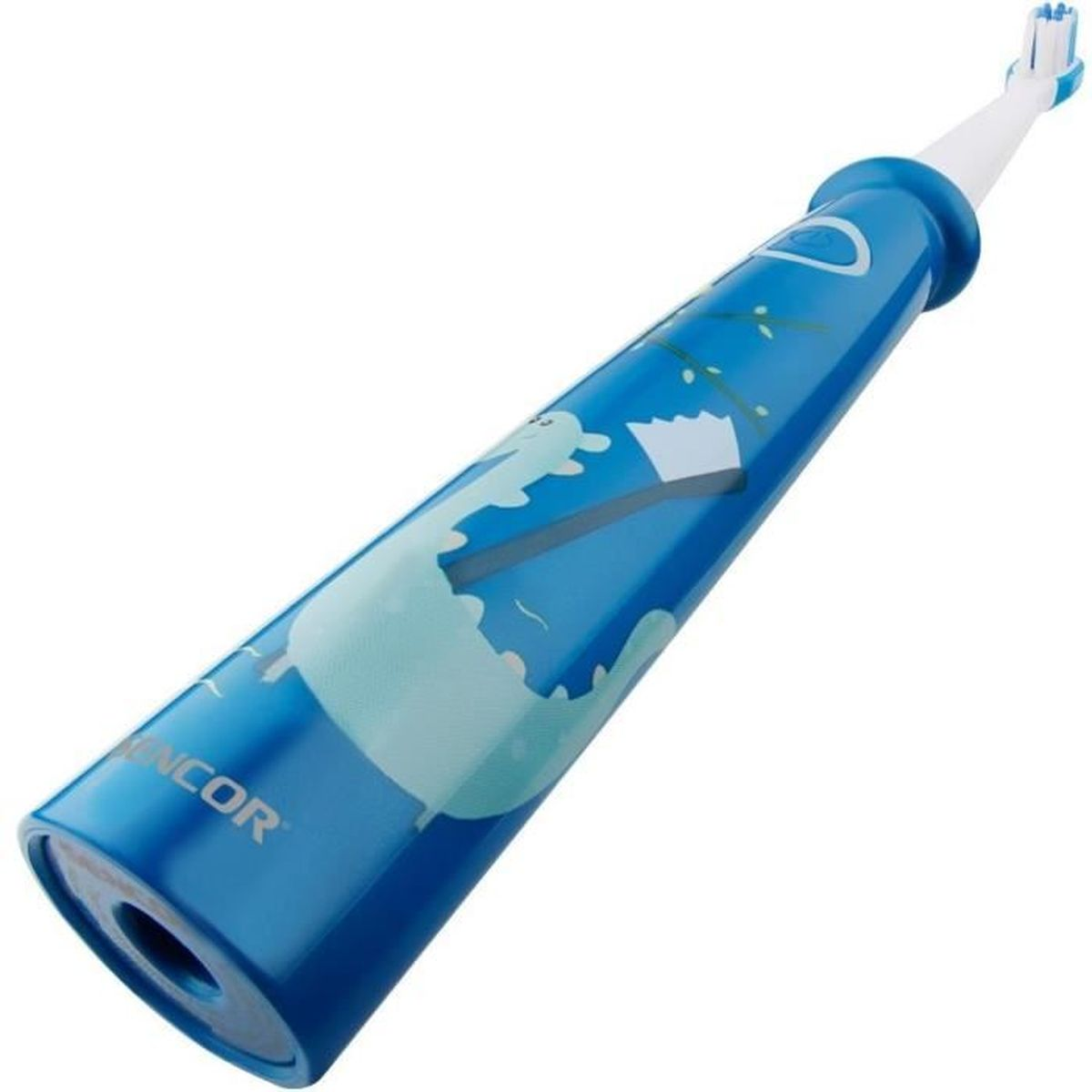 Blaue Zahnbürste mit Dinosaurier-Motiv und weißem Bürstenkopf.