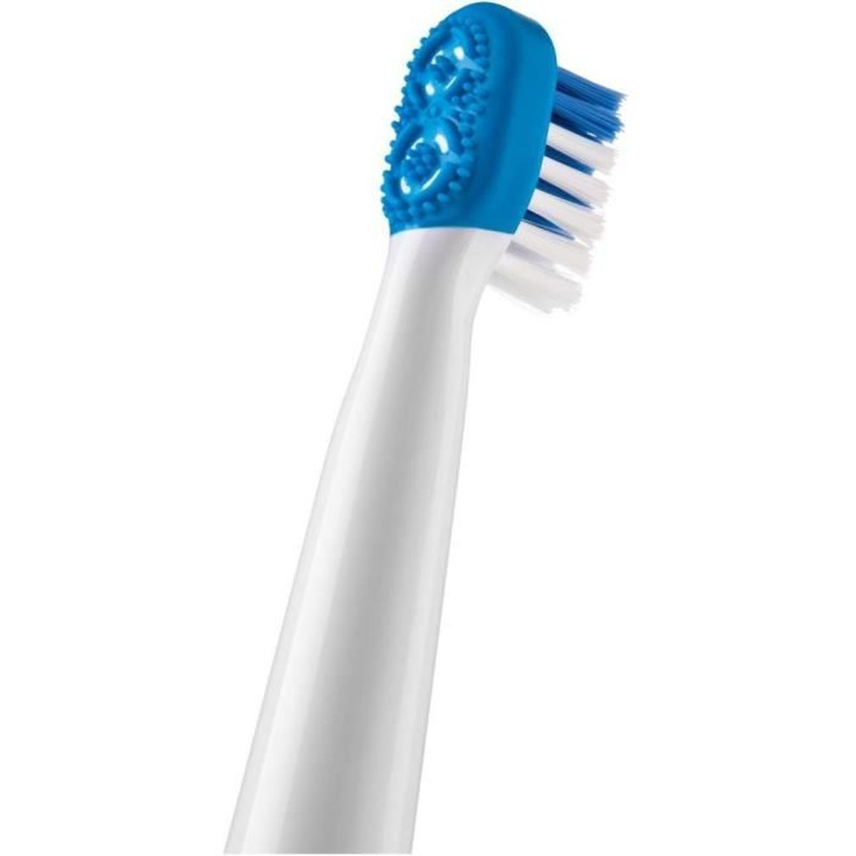 Ein weißer Griff mit einem blauen Bürstenkopf und weißen Borsten.