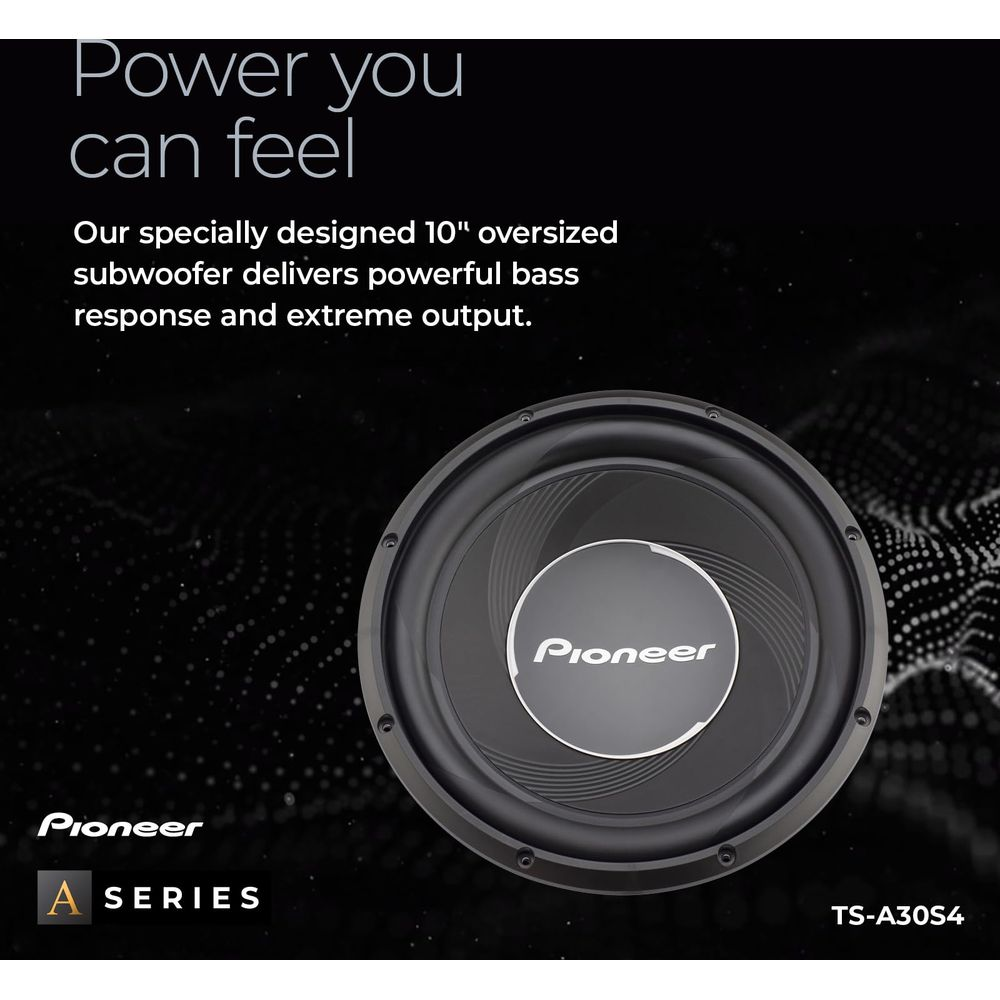 Un subwoofer Pioneer da 10 pollici con logo Serie A e numero modello TS-A30S4.