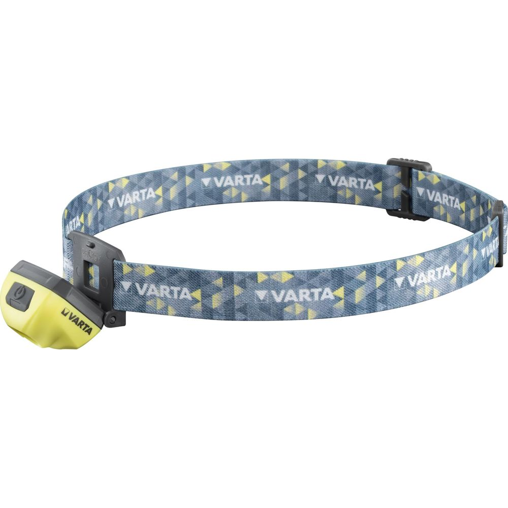 Un phare avant Varta jaune avec une sangle bleue à motif logo Varta.