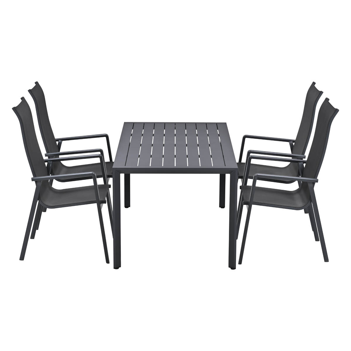 Een donkergrijze tafel met vier bijpassende stoelen op witte achtergrond.