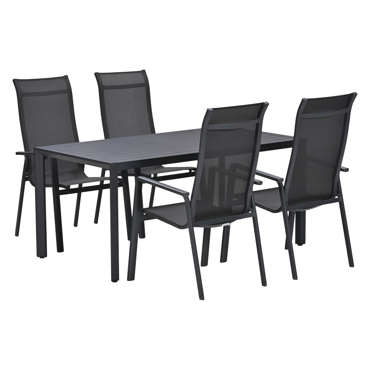 Een donkere rechthoekige tafel met vier bijpassende netstoelen.
