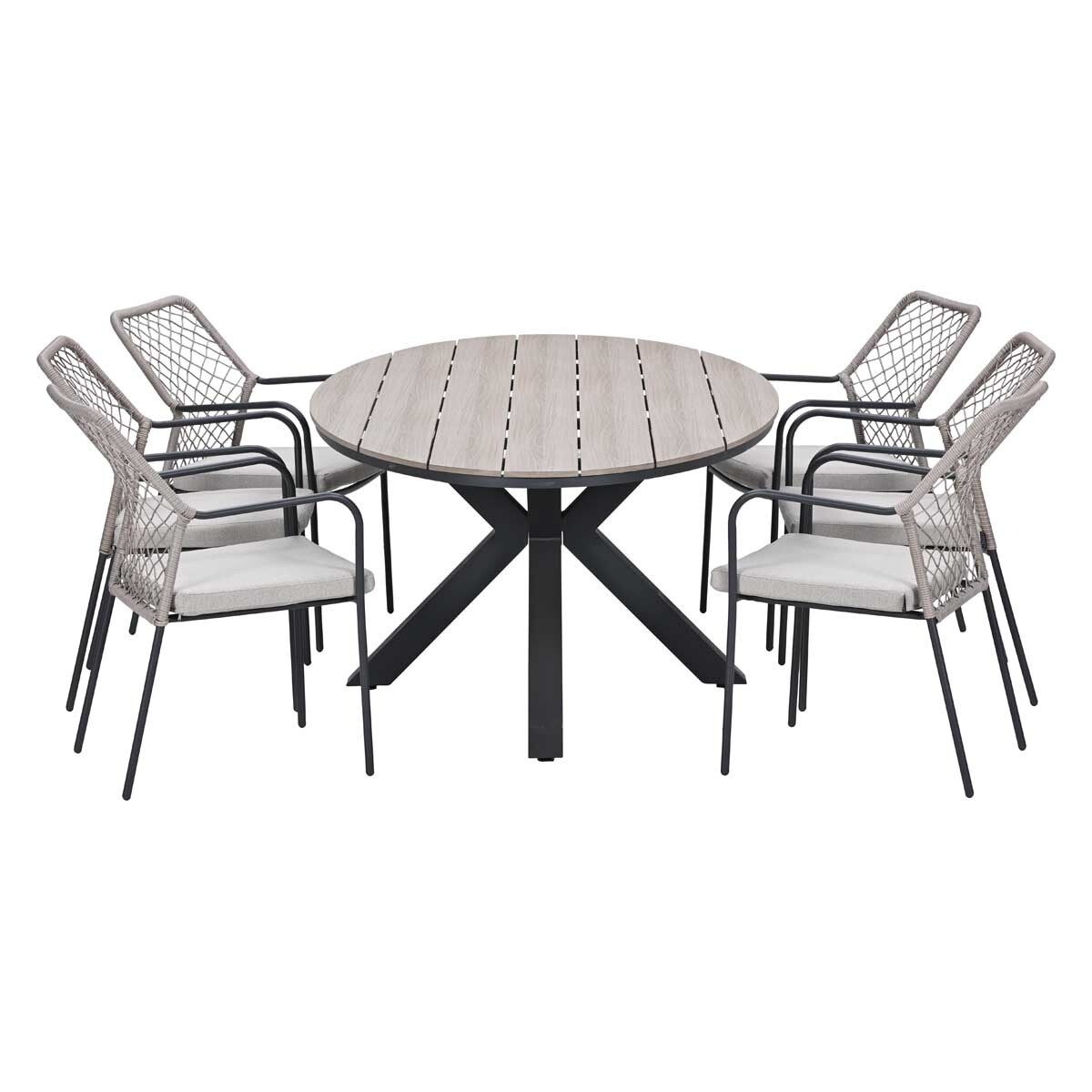 Een ronde tafel met zes grijze stoelen, allemaal op een witte achtergrond.