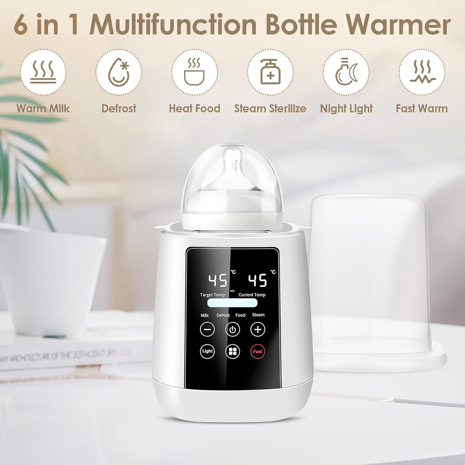 Ein weißer Flaschenwärmer mit digitaler Anzeige für Ziel- und Isttemperatur.