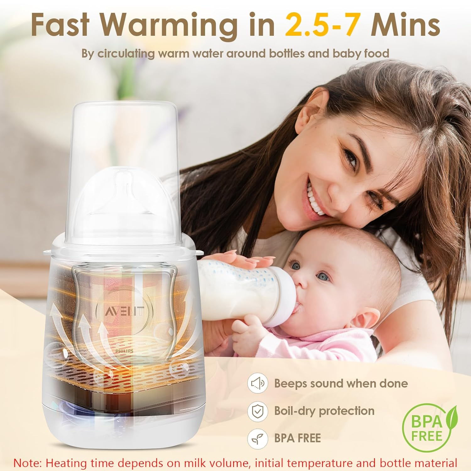Babyflaschenwärmer mit Baby und Mutter; BPA frei.