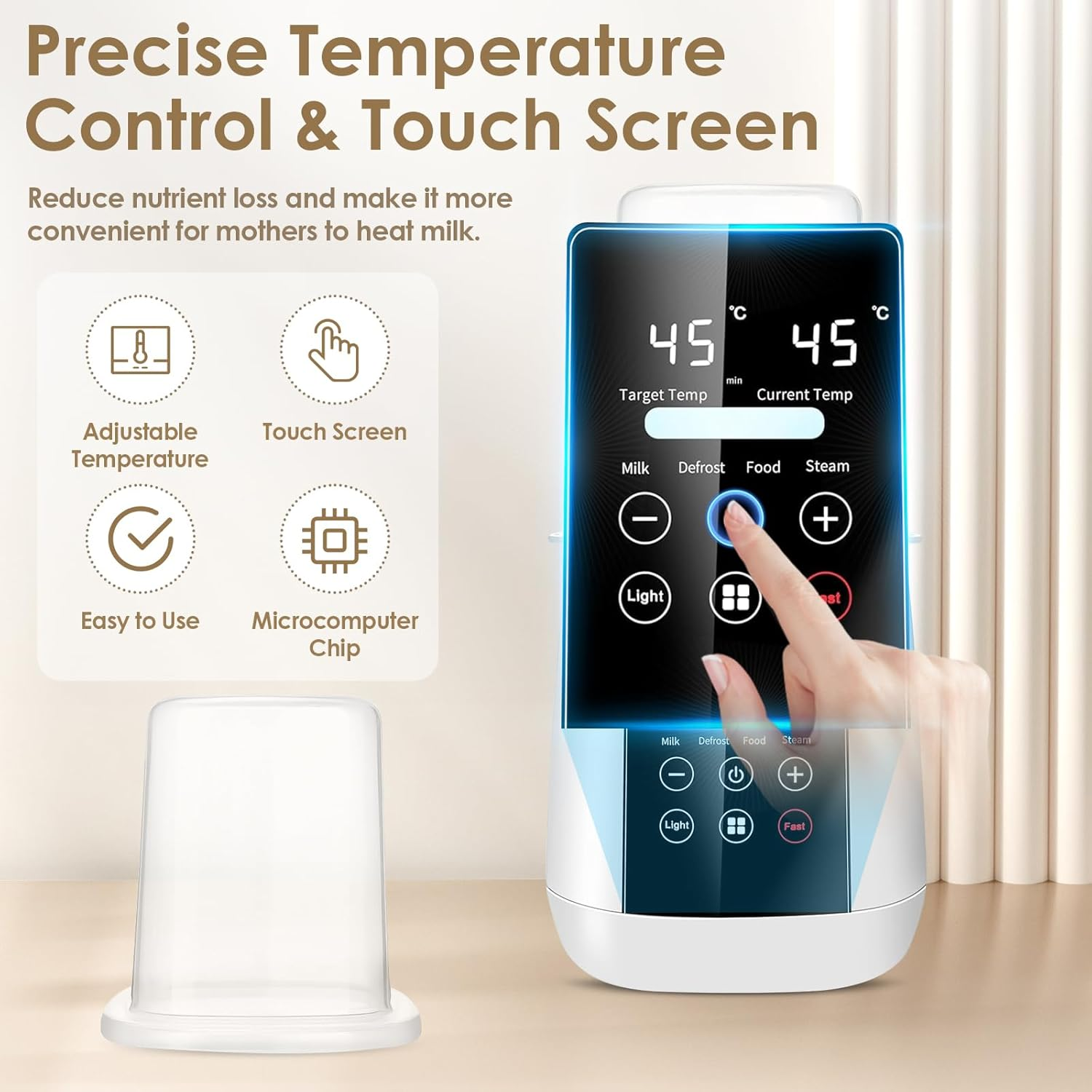 Ein Milchwärmer mit Touchscreen zeigt 45°C Zieltemperatur und 45°C Isttemperatur an.