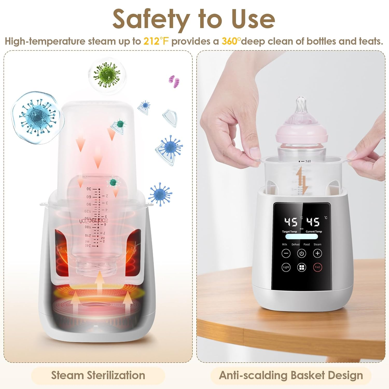 Dampfsterilisator mit Flasche und Bedienfeld. Links Dampfsterilisation, rechts Anti-Scald-Korb.