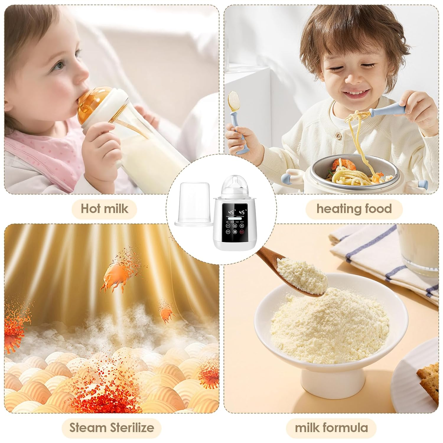 Baby trinkt Milch, Kind isst Nudeln, Sterilisator, Milchpulver.