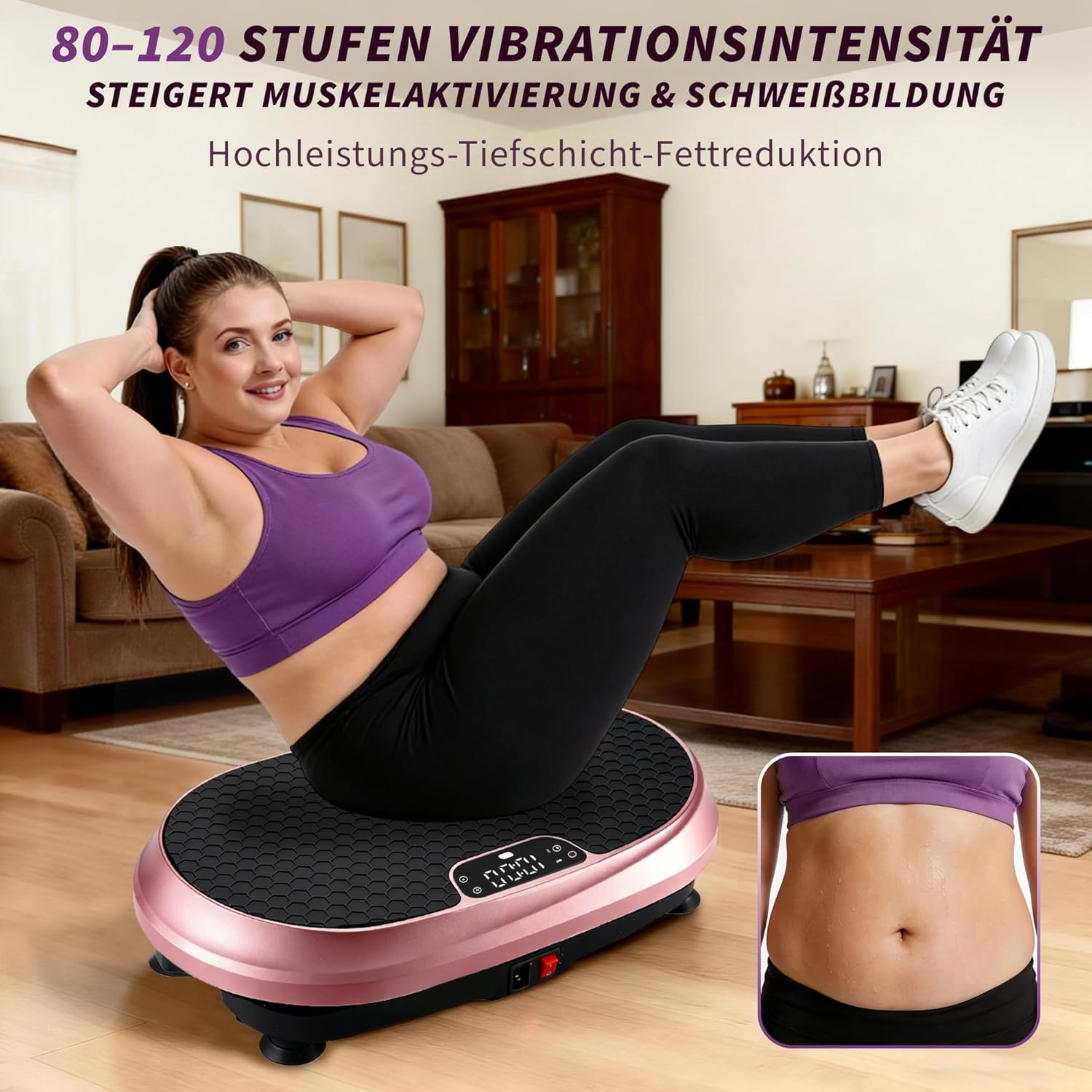 Frau macht Sit-ups auf Vibrationsplatte. Nahaufnahme Bauch.