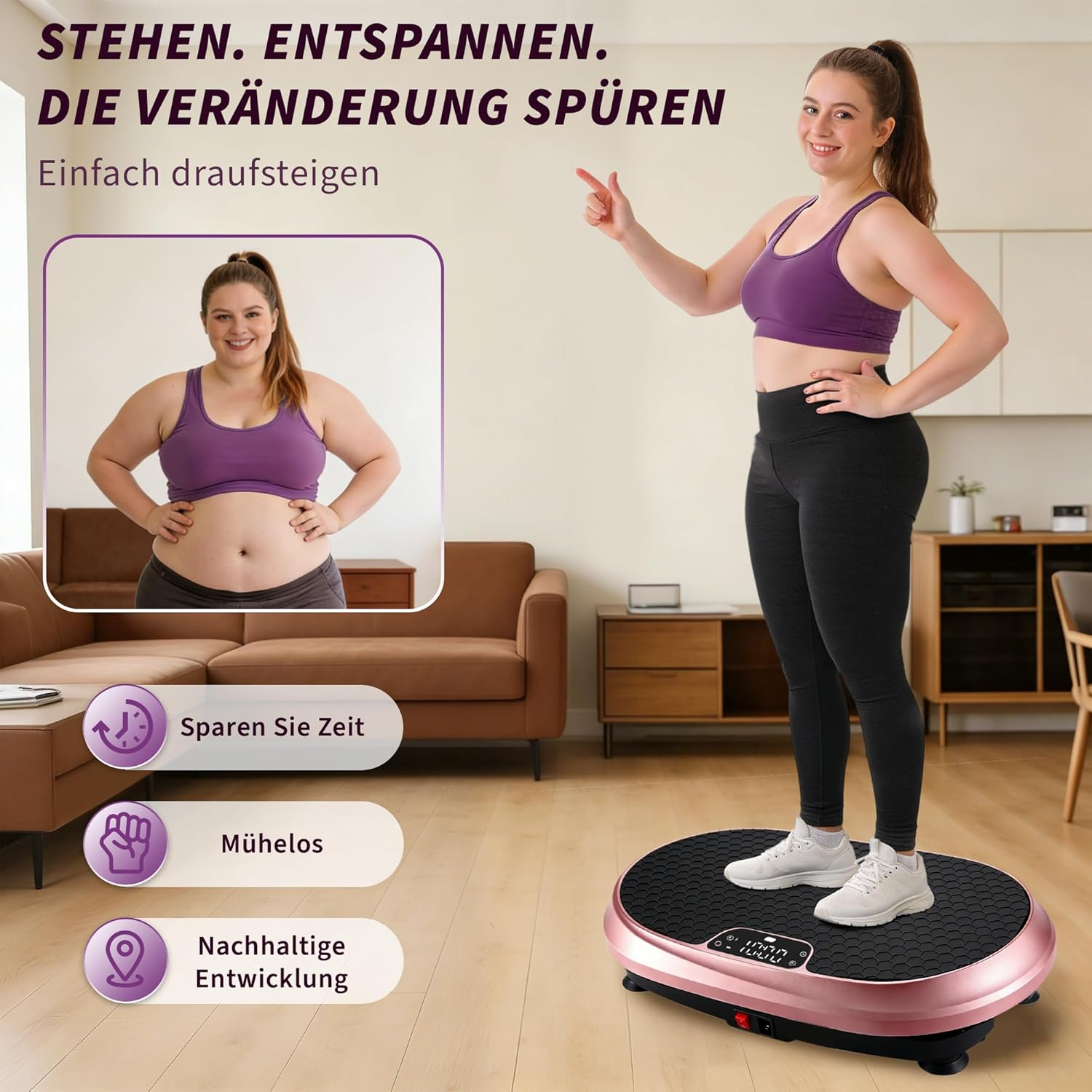 Frau steht auf Vibrationsplatte. Links ein Vorher-Bild. Rechts ein Nachher-Bild.