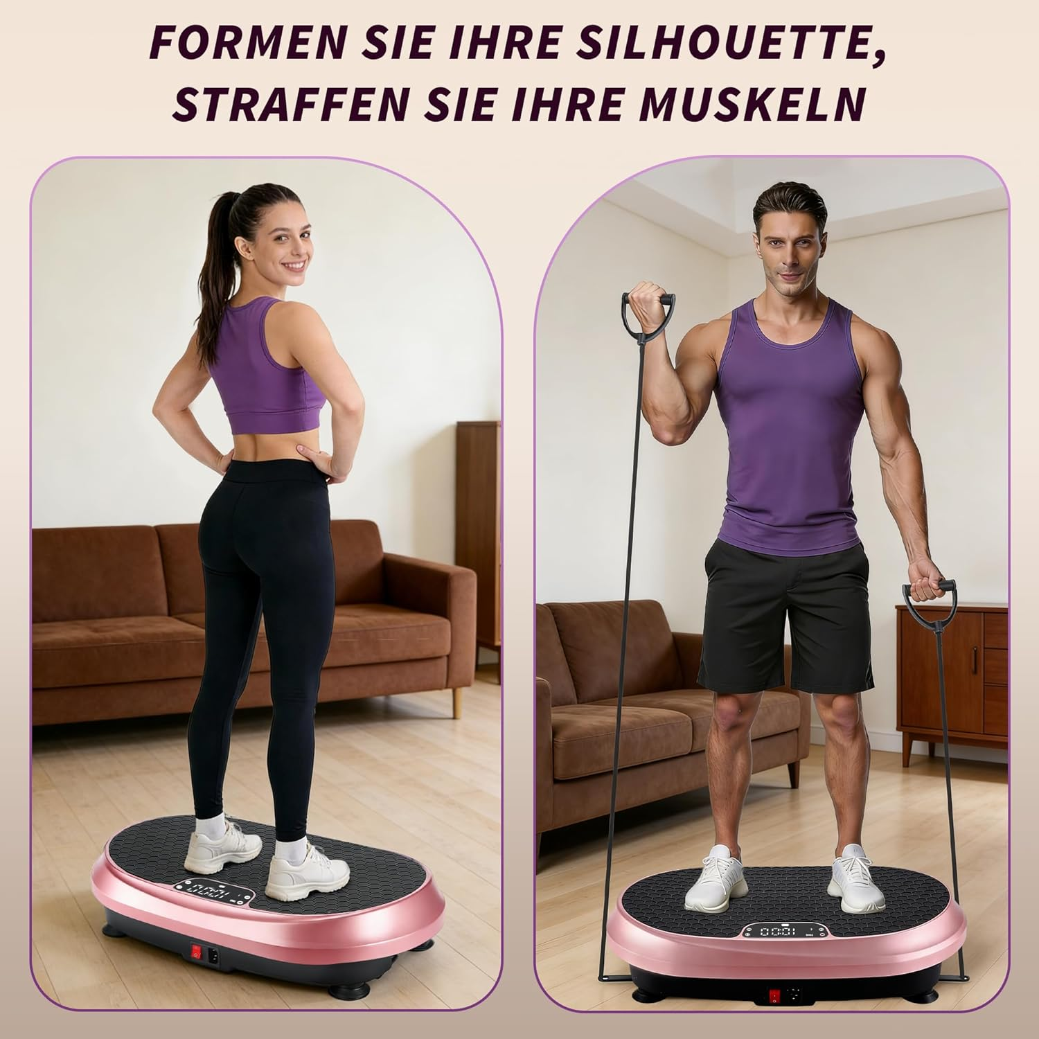 Frau und Mann trainieren auf Vibrationsplatten in einem Wohnzimmer.