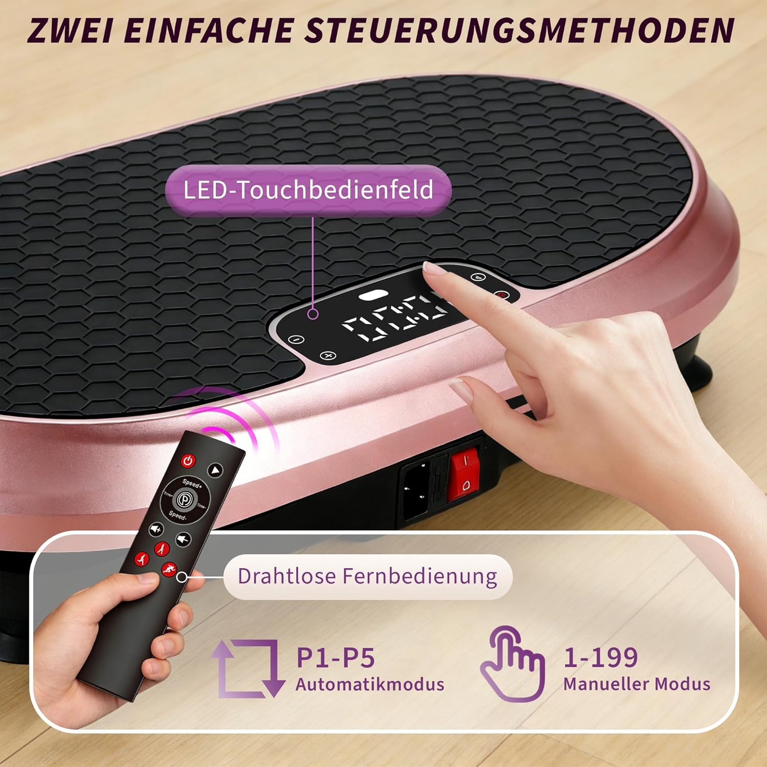 Vibrationsplatte mit Fernbedienung und LED-Touch-Bedienfeld. Zeigt Automatik- und Manuellen Modus.