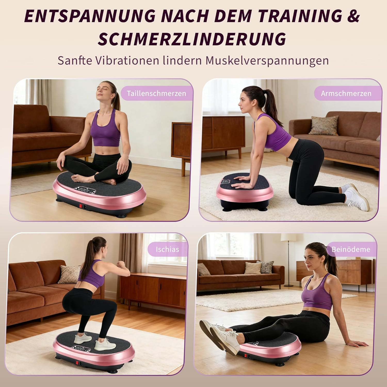 Vier Szenen zeigen eine Frau, die eine Vibrationsplatte für verschiedene Übungen nutzt.