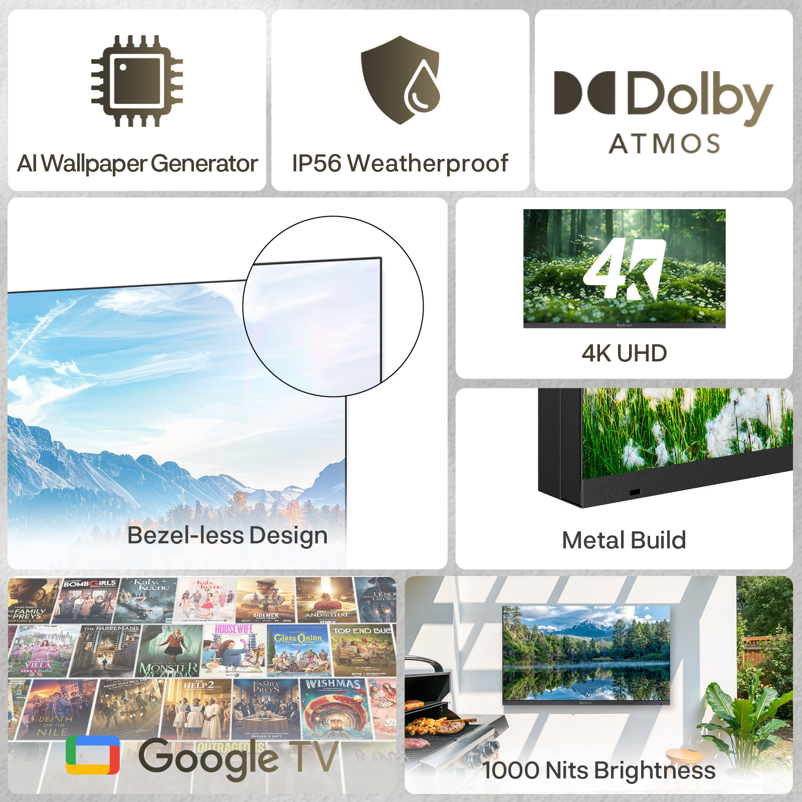 TV-Funktionen: KI-Generator, IP56, Dolby Atmos, 4K UHD, Randlos, Metall, 1000 Nits.