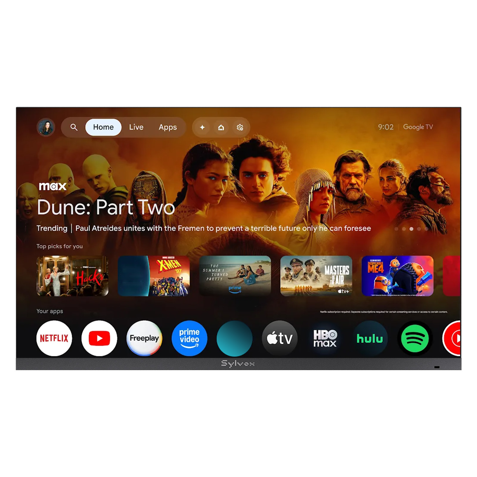 Fernsehbildschirm zeigt Google TV-Oberfläche mit Dune: Part Two-Poster und App-Symbolen.