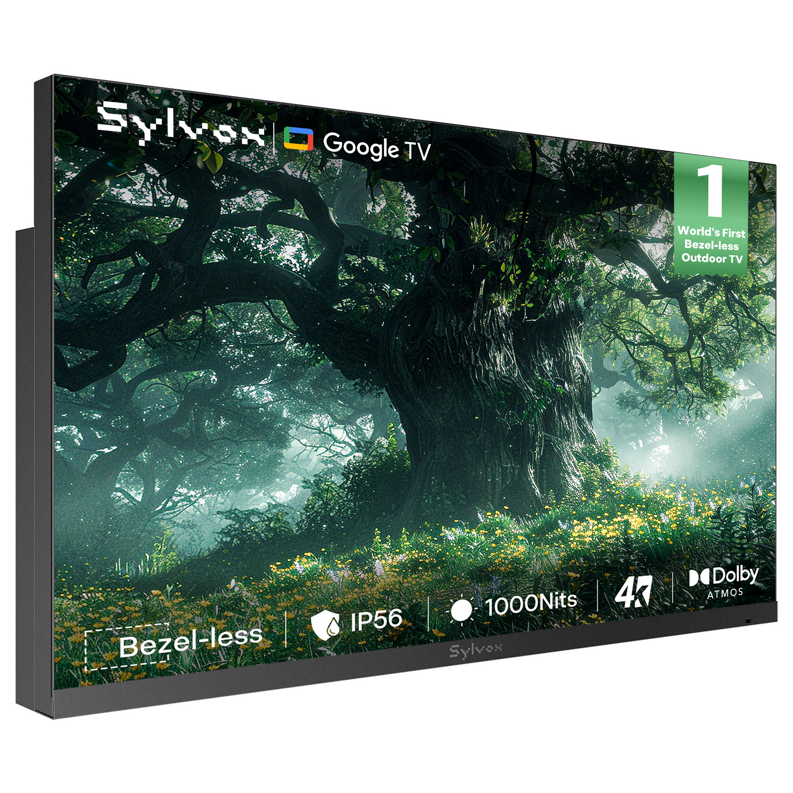 Ein Sylvox Google TV mit einem Waldmotiv, 1000 Nits, IP56.