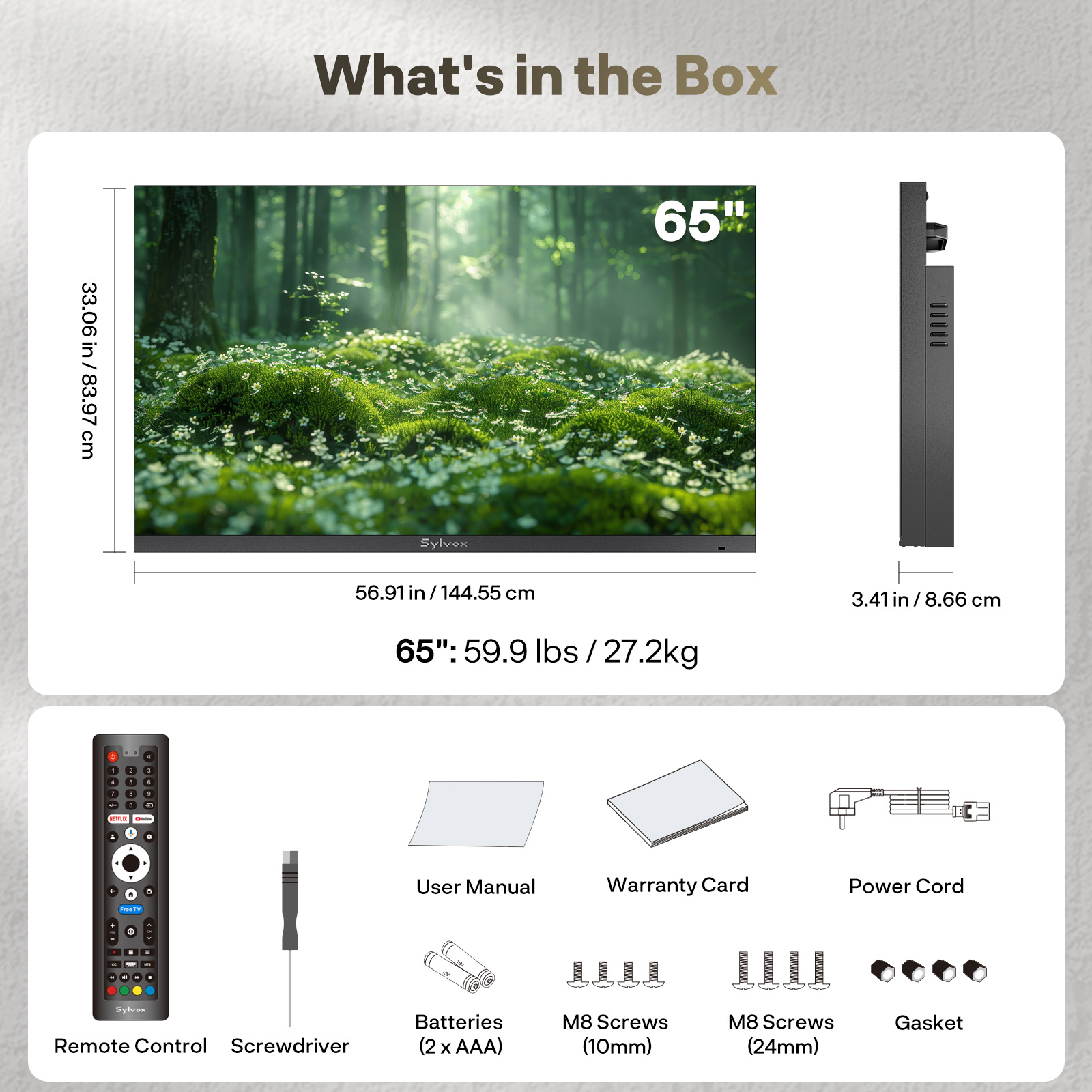 Was in der Box ist: 65-Zoll-TV, Fernbedienung, Schraubendreher, Batterien, Schrauben, Kabel.