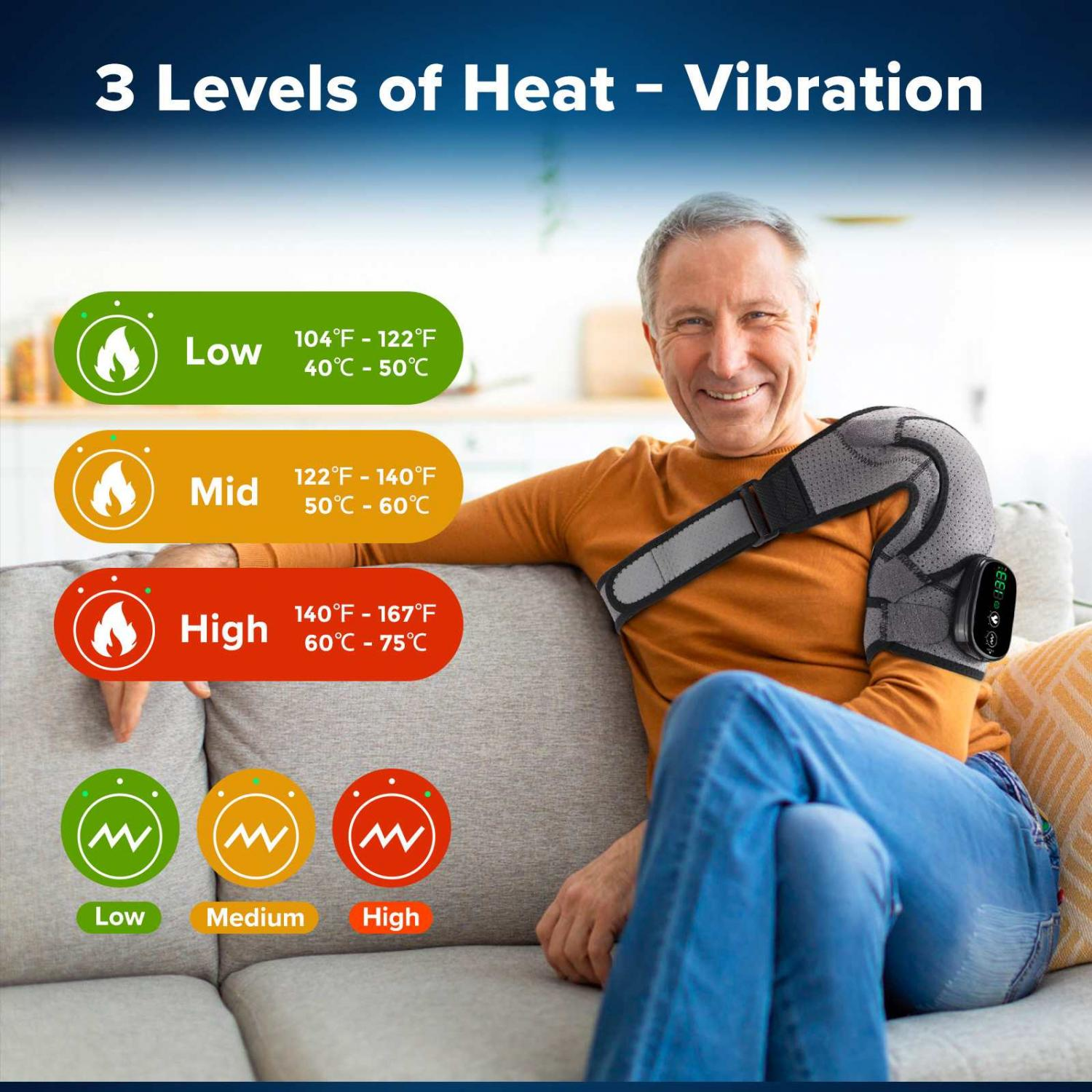 Mann mit Schulterwärmer: 3 Heizstufen (niedrig, mittel, hoch) und Vibrationsstufen.
