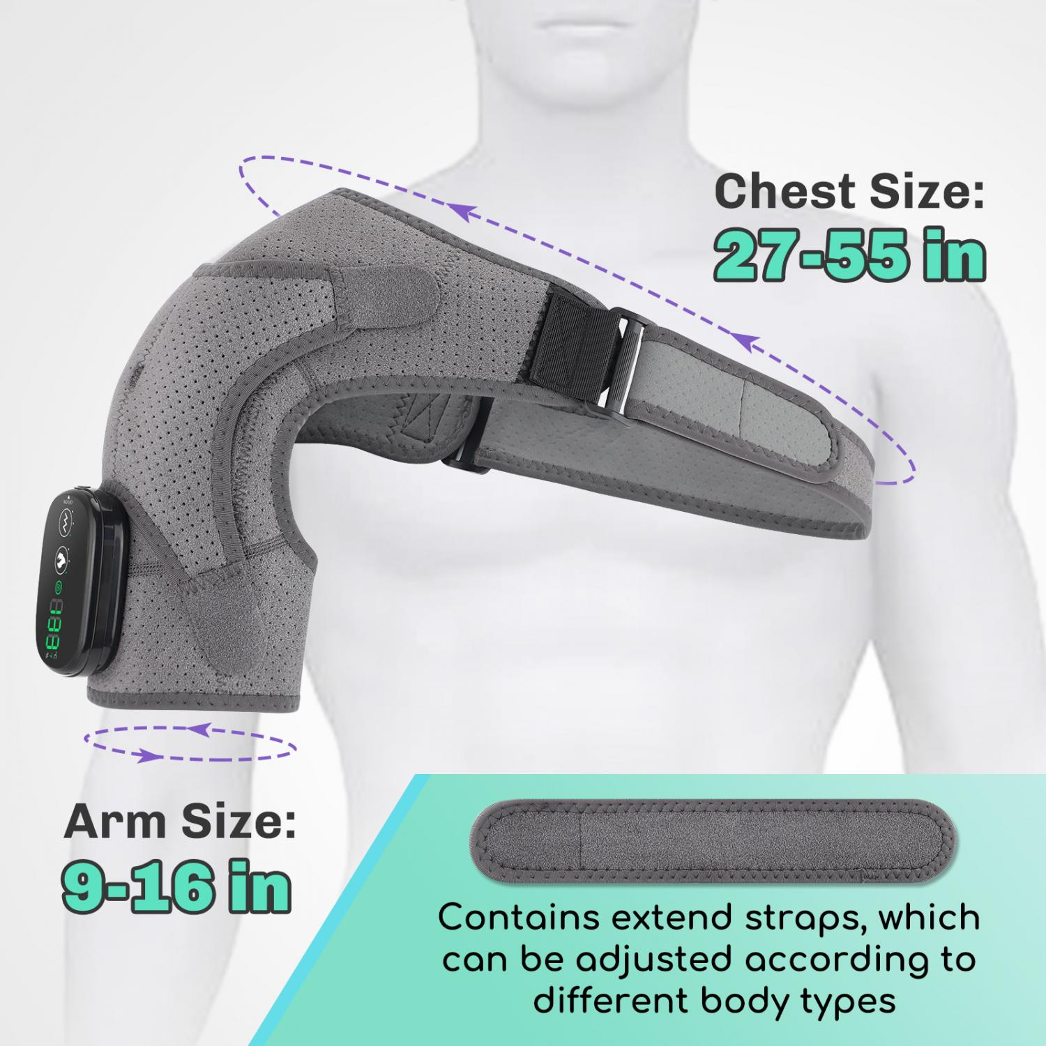 Grauer Schulterstützgurt mit Größenangaben für Brust und Arm.