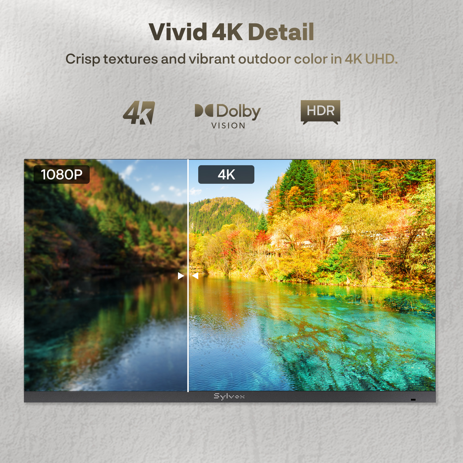 1080p vs 4K Bildvergleich mit einer Berglandschaft und einem See.