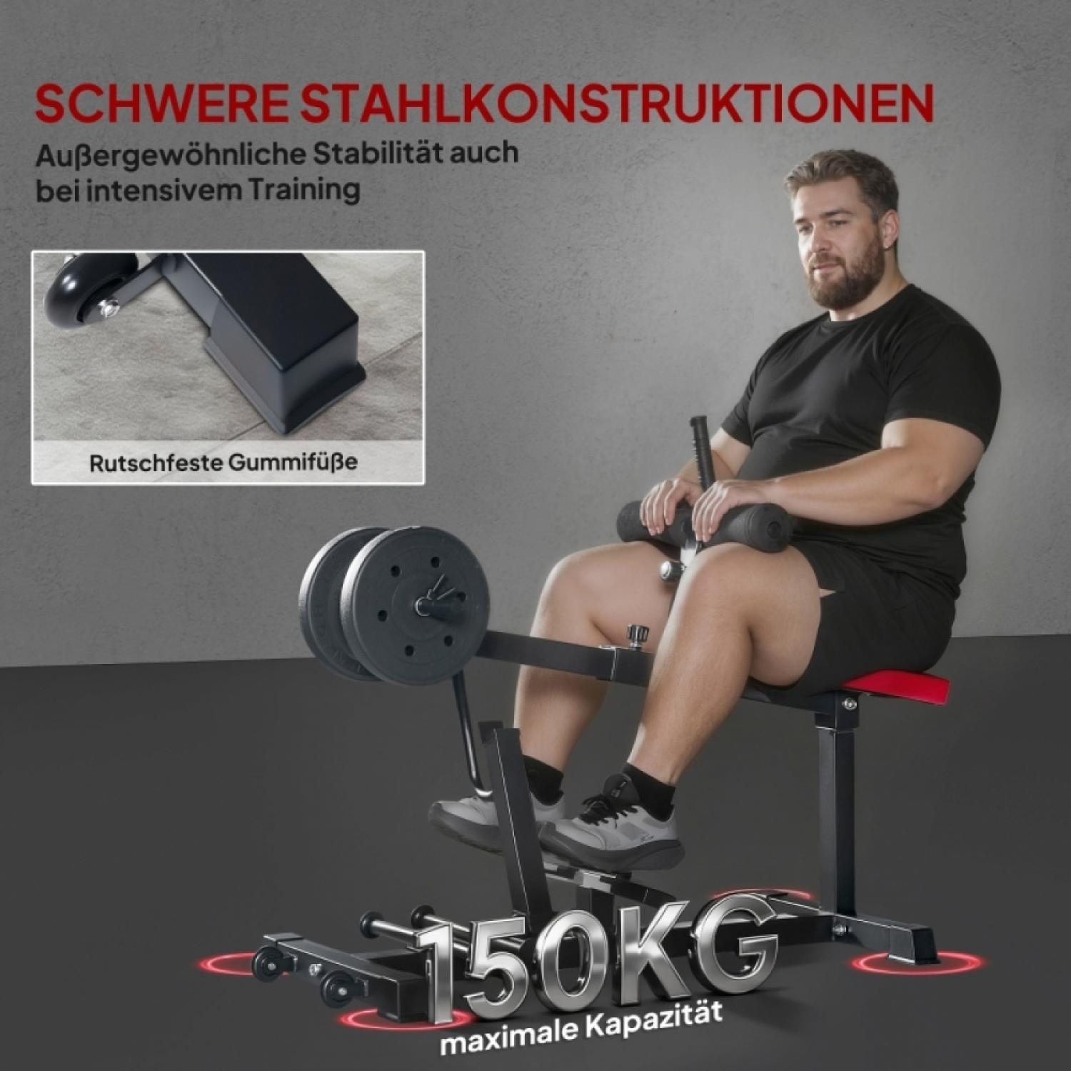 Ein Mann sitzt auf einem Trainingsgerät mit Gewichten. Es hat eine Tragfähigkeit von 150 kg.