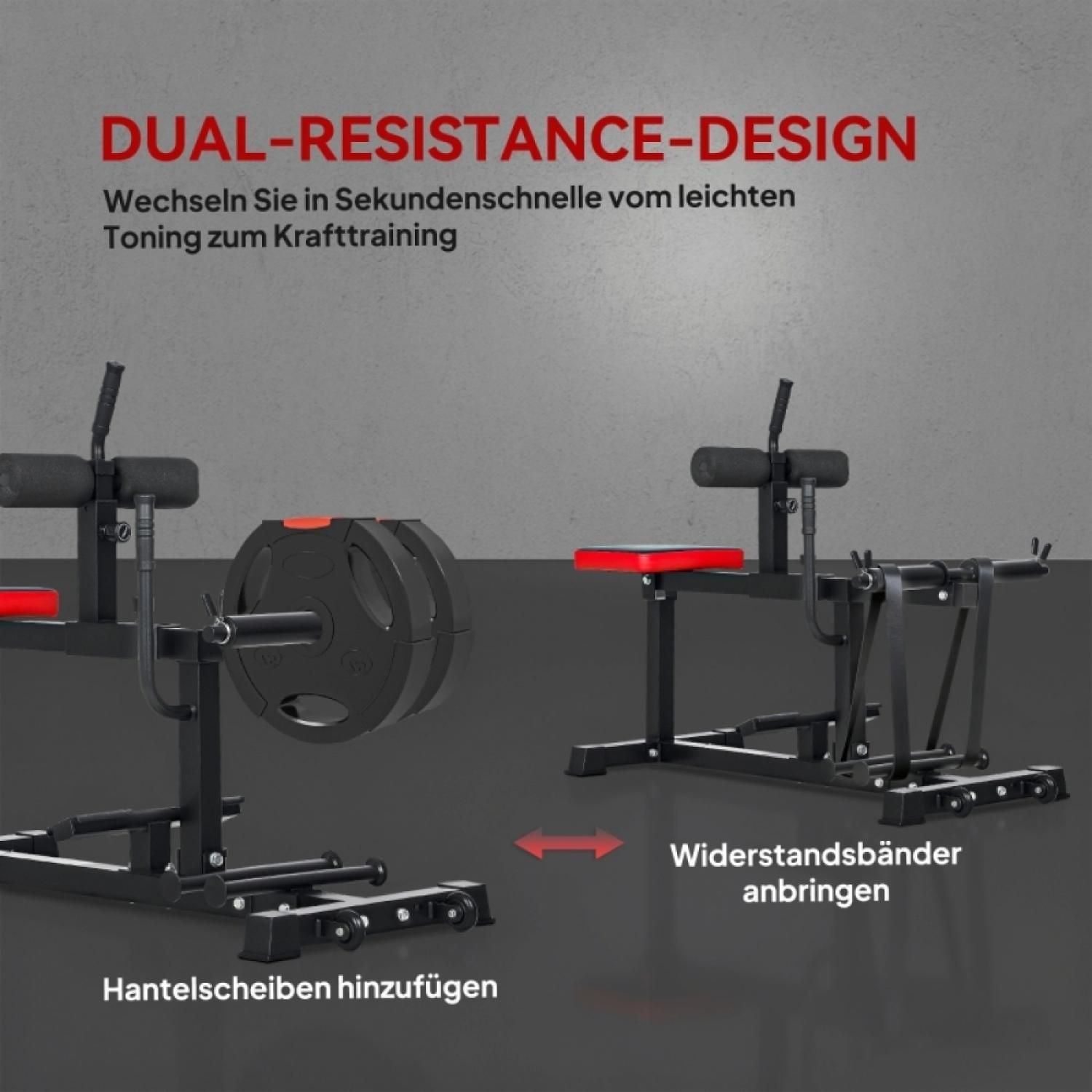 Gerät für Krafttraining mit Hantelscheiben und Widerstandsbändern.
