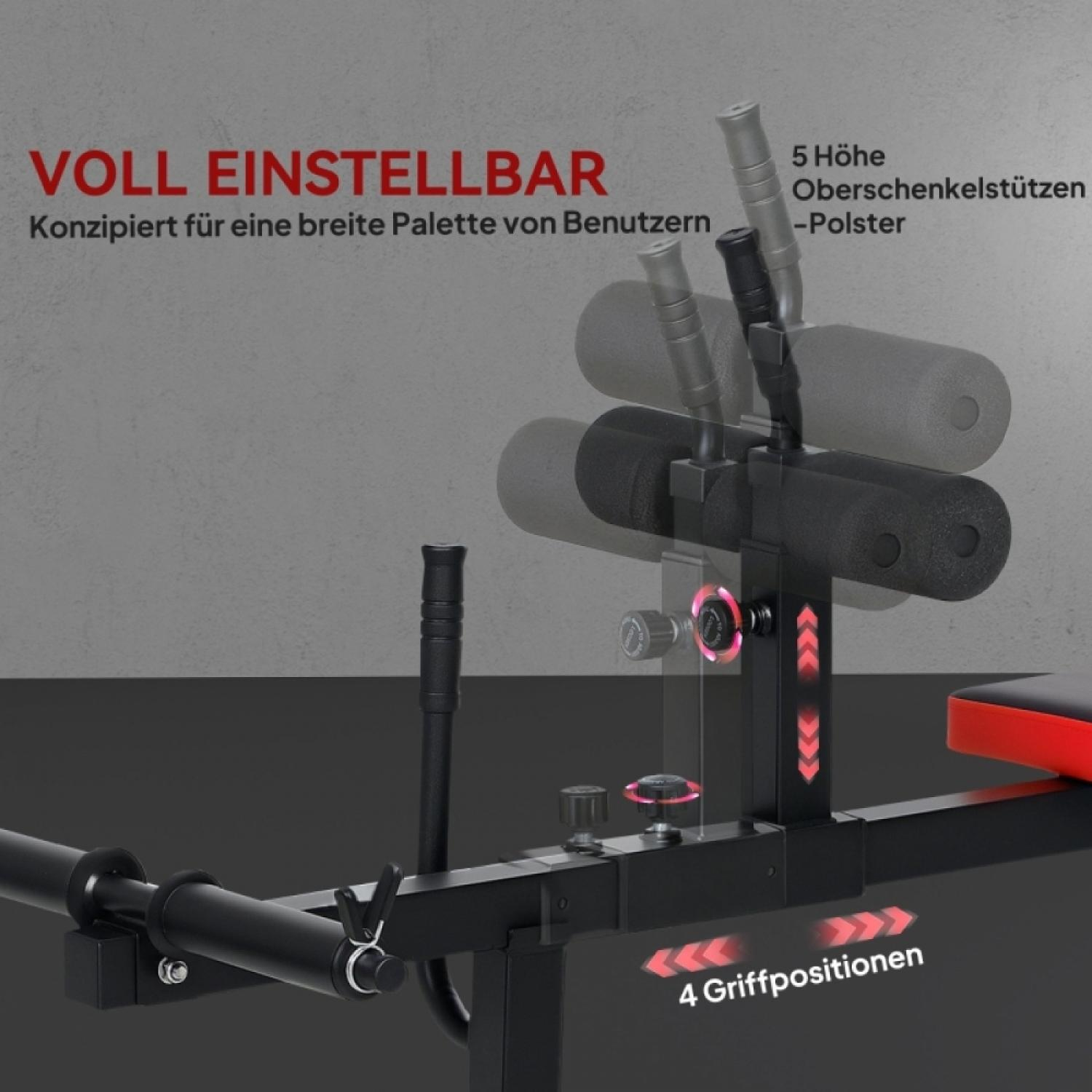 Verstellbares Trainingsgerät mit Polstern, Griffen und Höhenmarkierungen.