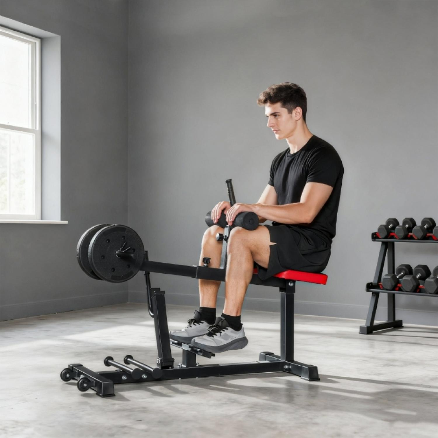 Ein Mann trainiert an einer Beinpresse in einem Fitnessstudio mit Hanteln im Hintergrund.