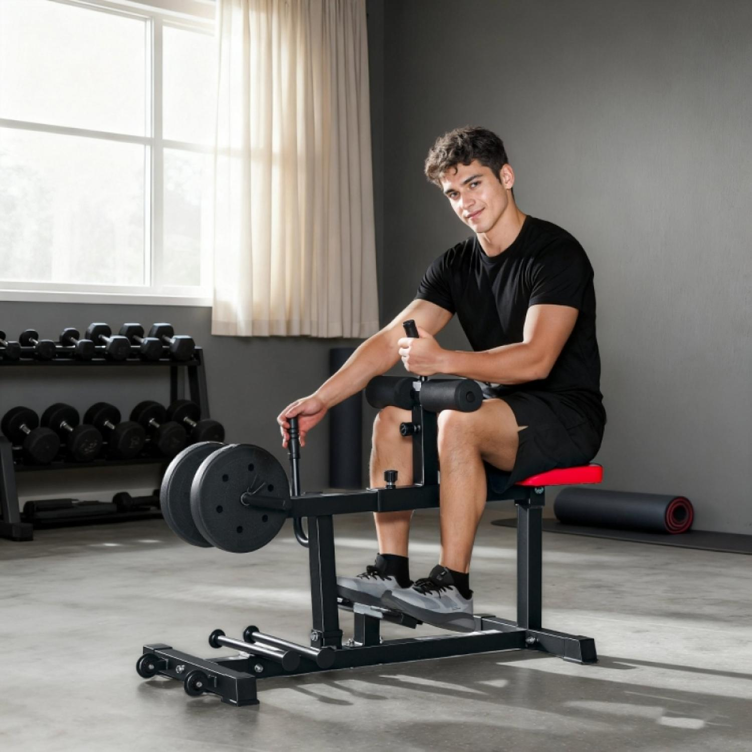 Ein Mann sitzt auf einem Beinbeuger im Fitnessstudio. Hanteln sind im Hintergrund.
