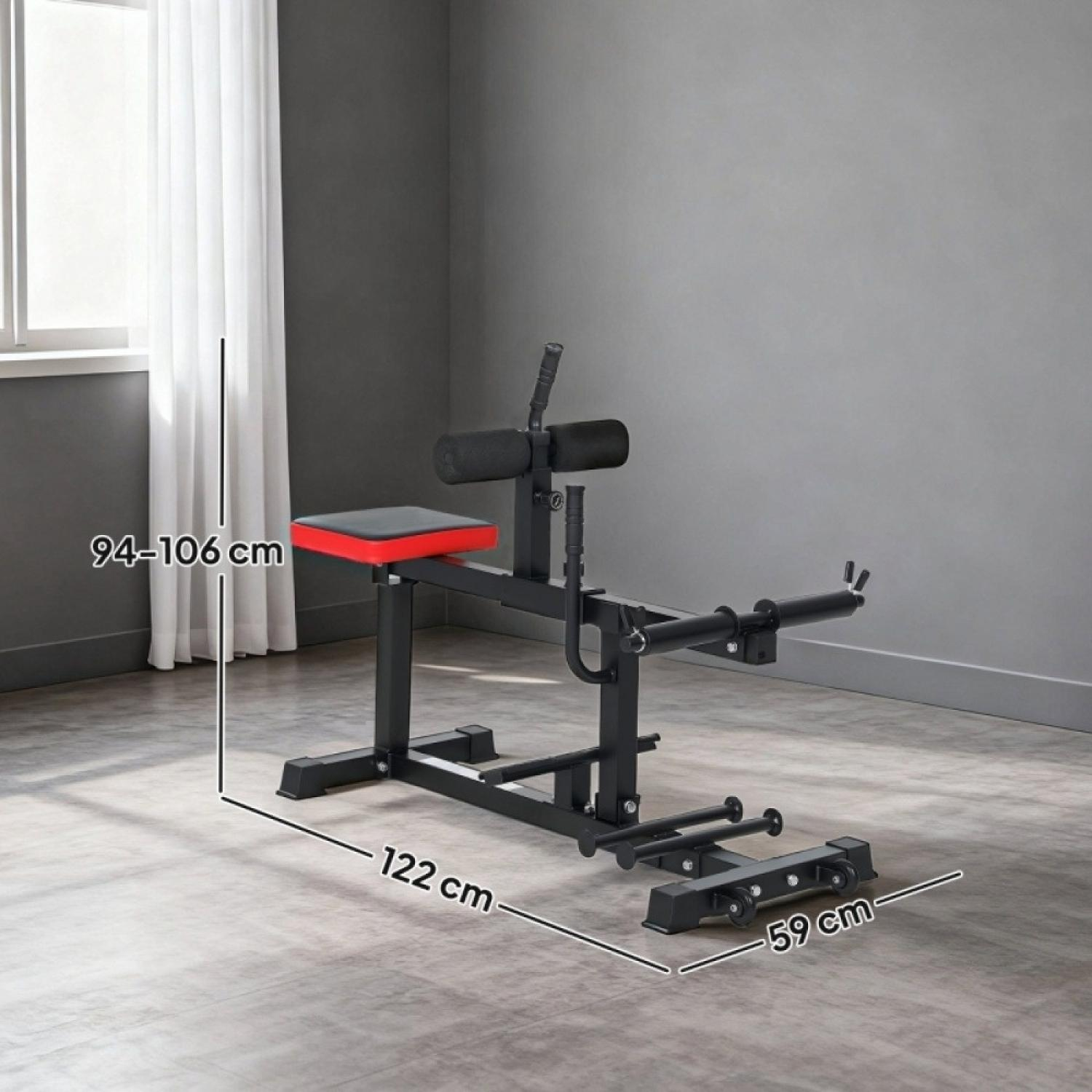 Fitnessgerät mit rotem Sitz und schwarzen Polstern, Maße 122x59x94-106 cm.
