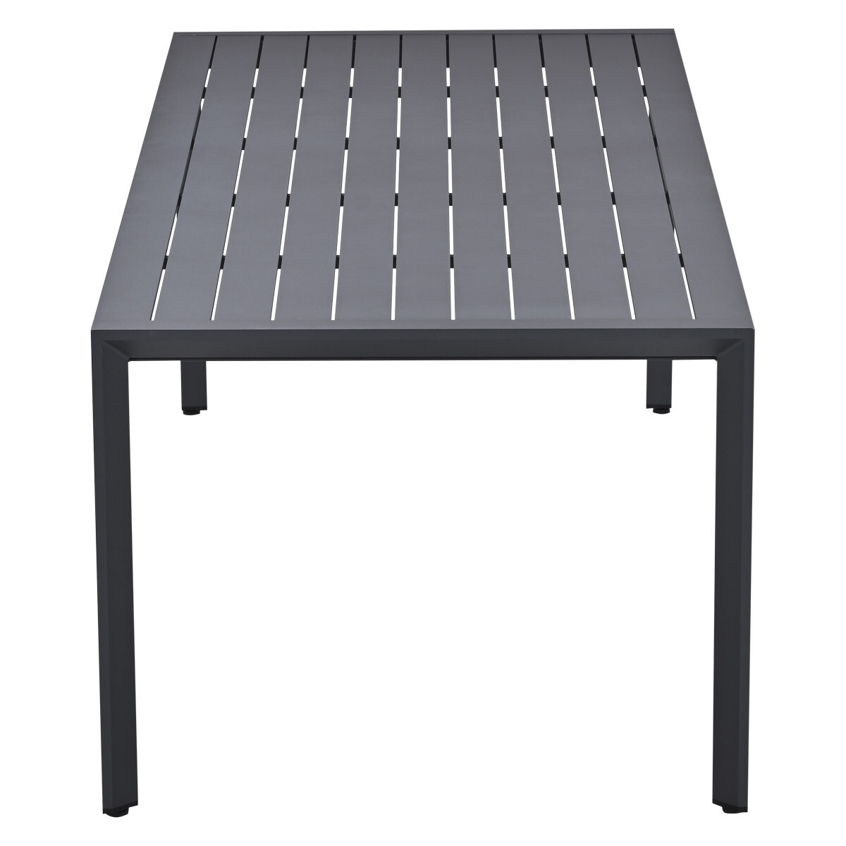Een grijze metalen tafel met smalle lamellen en vier poten.