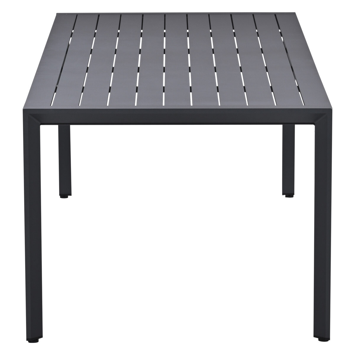 Een donkere tafel met een lamellenblad en metalen poten.