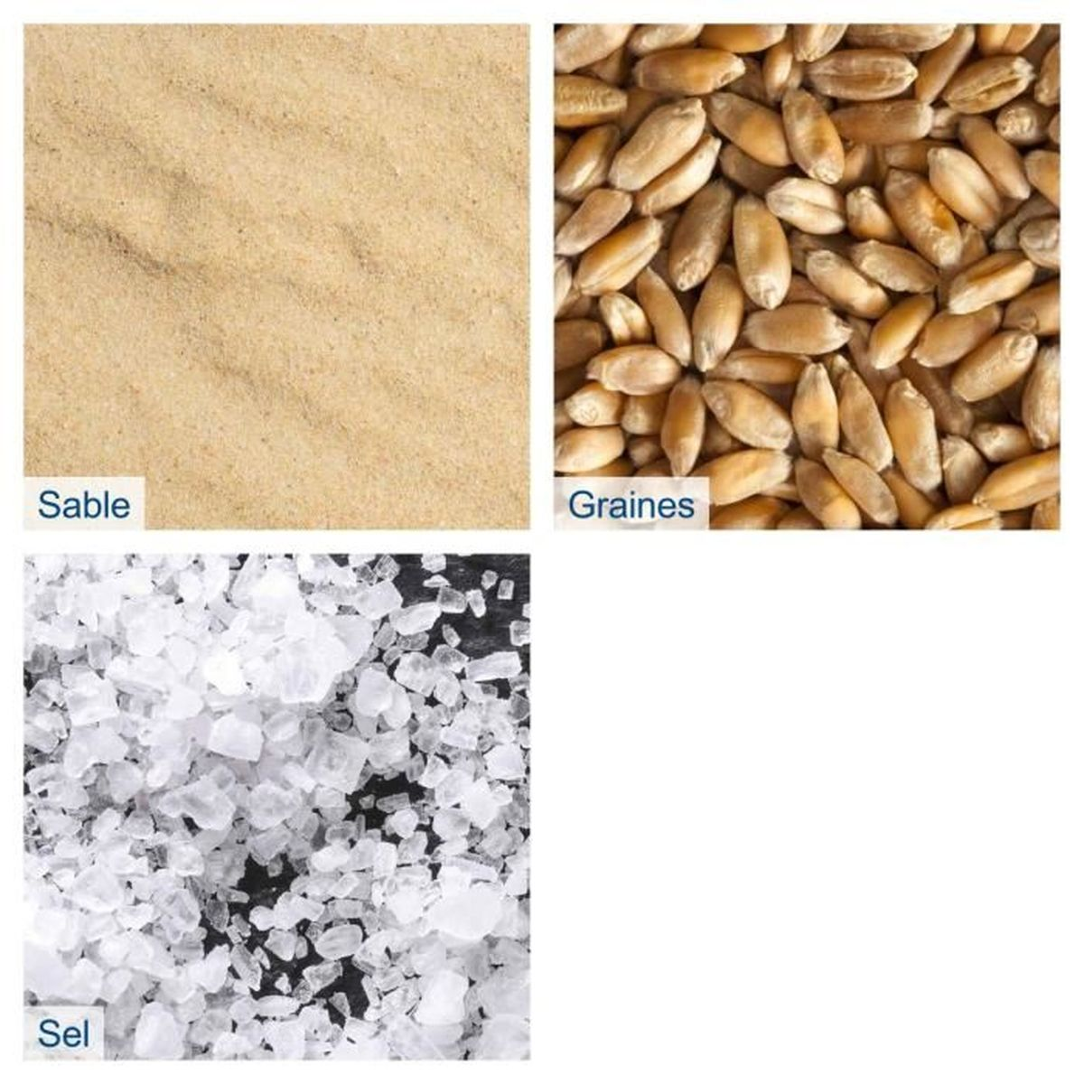Tre immagini: sabbia, semi di grano e cristalli di sale.