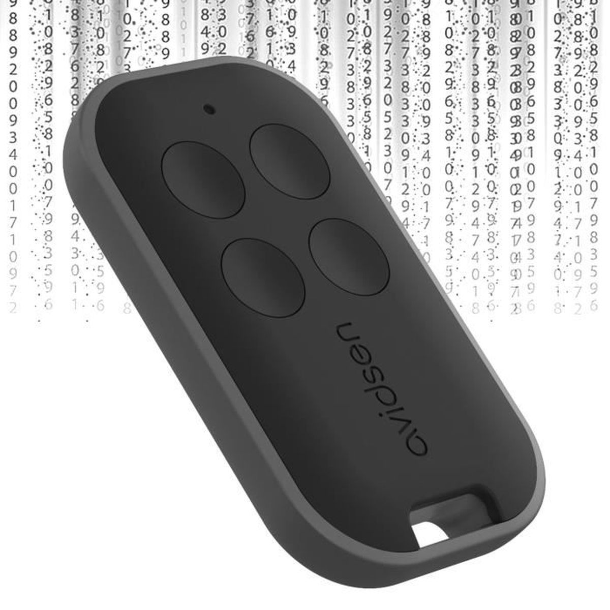 Un mando a distancia negro con cuatro botones y el logo 'avidsen'.
