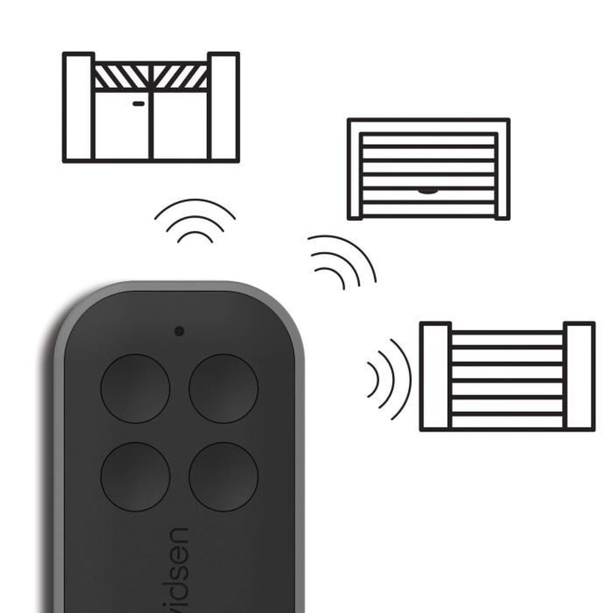 Un control remoto negro opera puertas y portones de garaje.