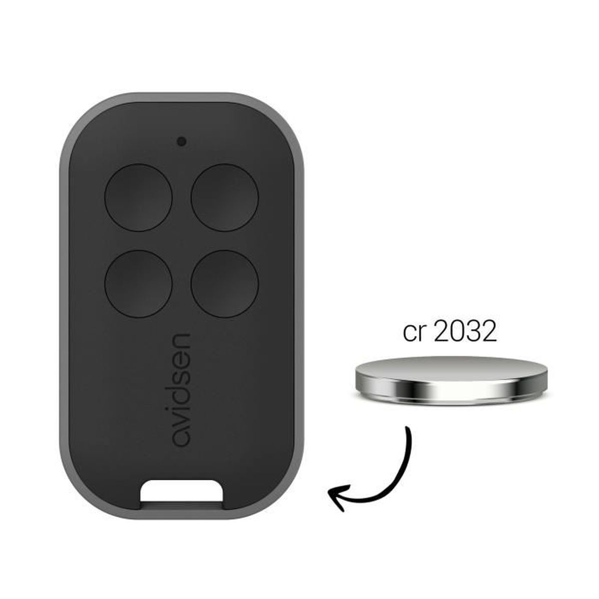 Mando a distancia negro con cuatro botones y una pila de botón CR 2032.