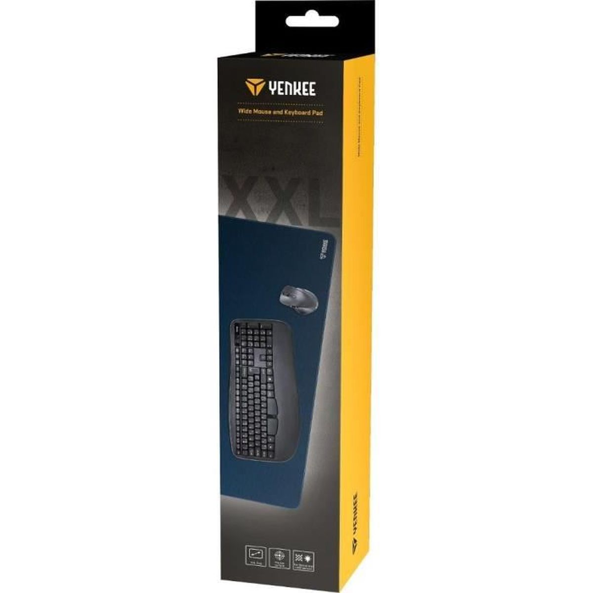 Verpackung für eine breite Maus- und Tastaturunterlage in XXL, dunkelblau mit gelbem Akzent.