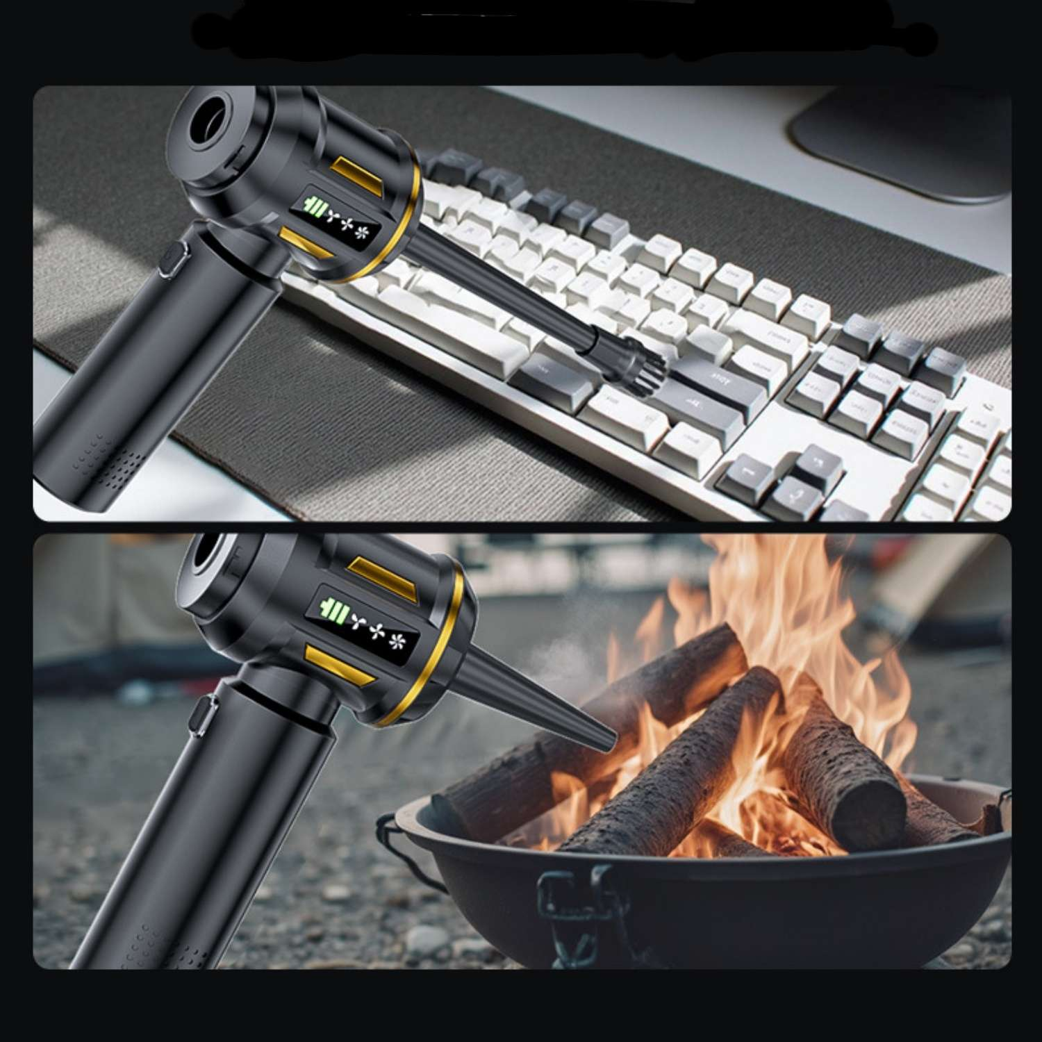 Ein schwarzer kabelloser Staubsauger reinigt eine weiße Tastatur und bläst Feuer an.